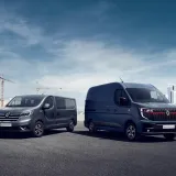 Renault Trucks Red Edition Exclusive range - Renault Trucks Trafic and Renault Trucks Master in front of a construction site backdrop on one side and a city backdrop on the other.